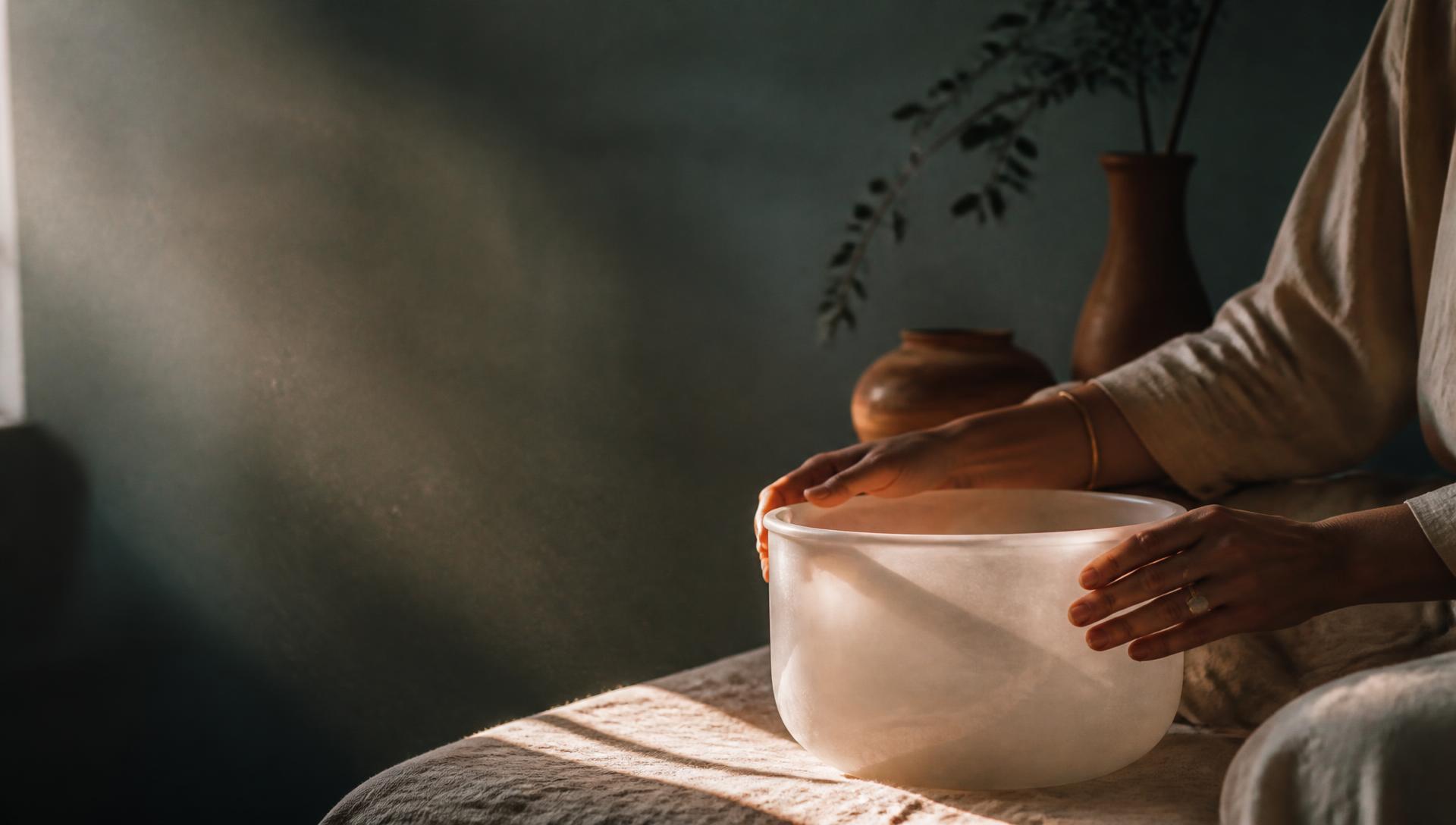Hands resting on a crystal singing bowl in warm window light